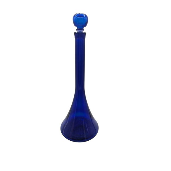 Cobalt Blue Mid Century Glass Decanter /Genie Bottle With Plastic Tip Stopper 15 - Picture 2 of 9